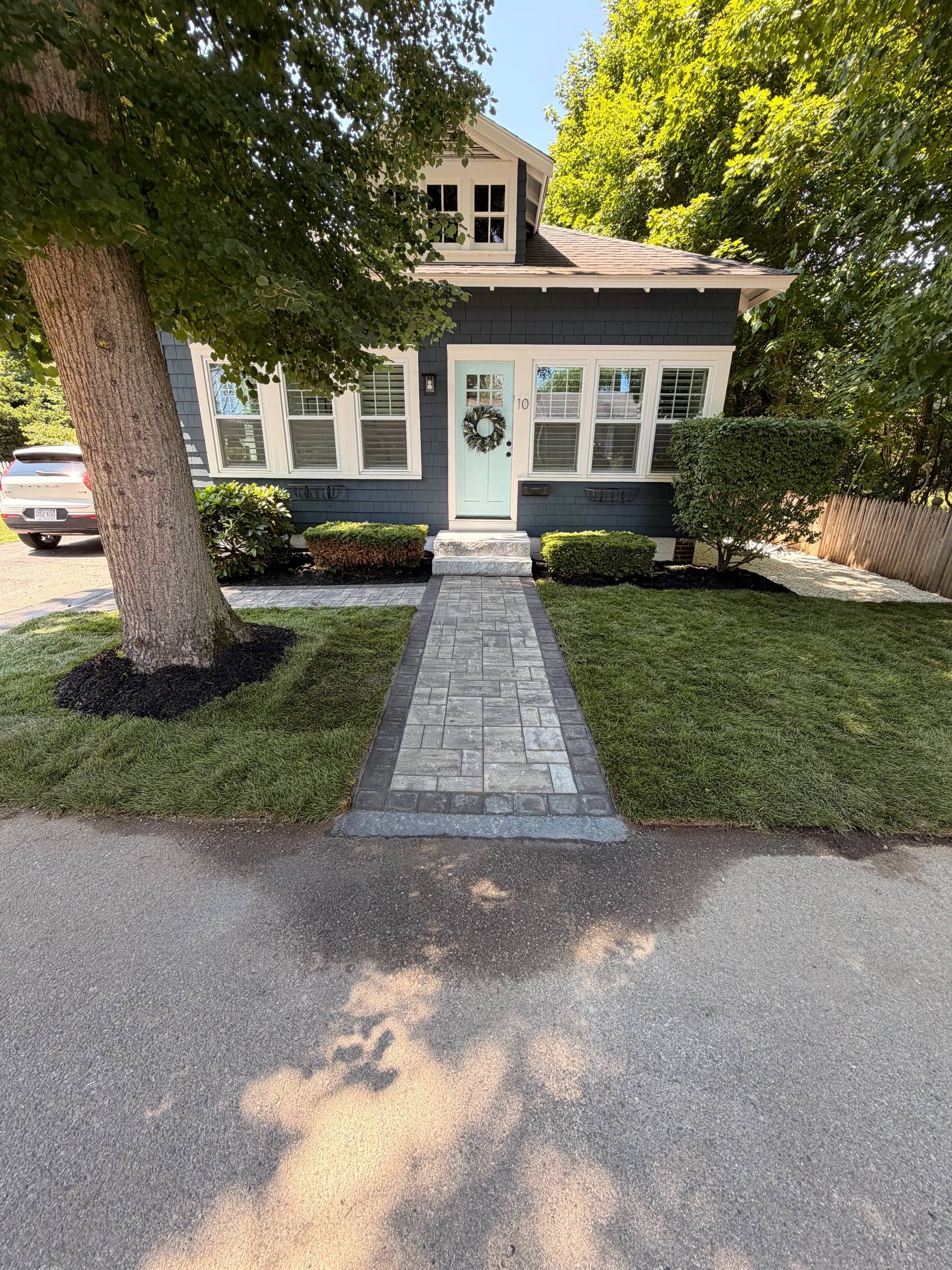 Granite entry steps and paver walkway installation, Newburyport MA