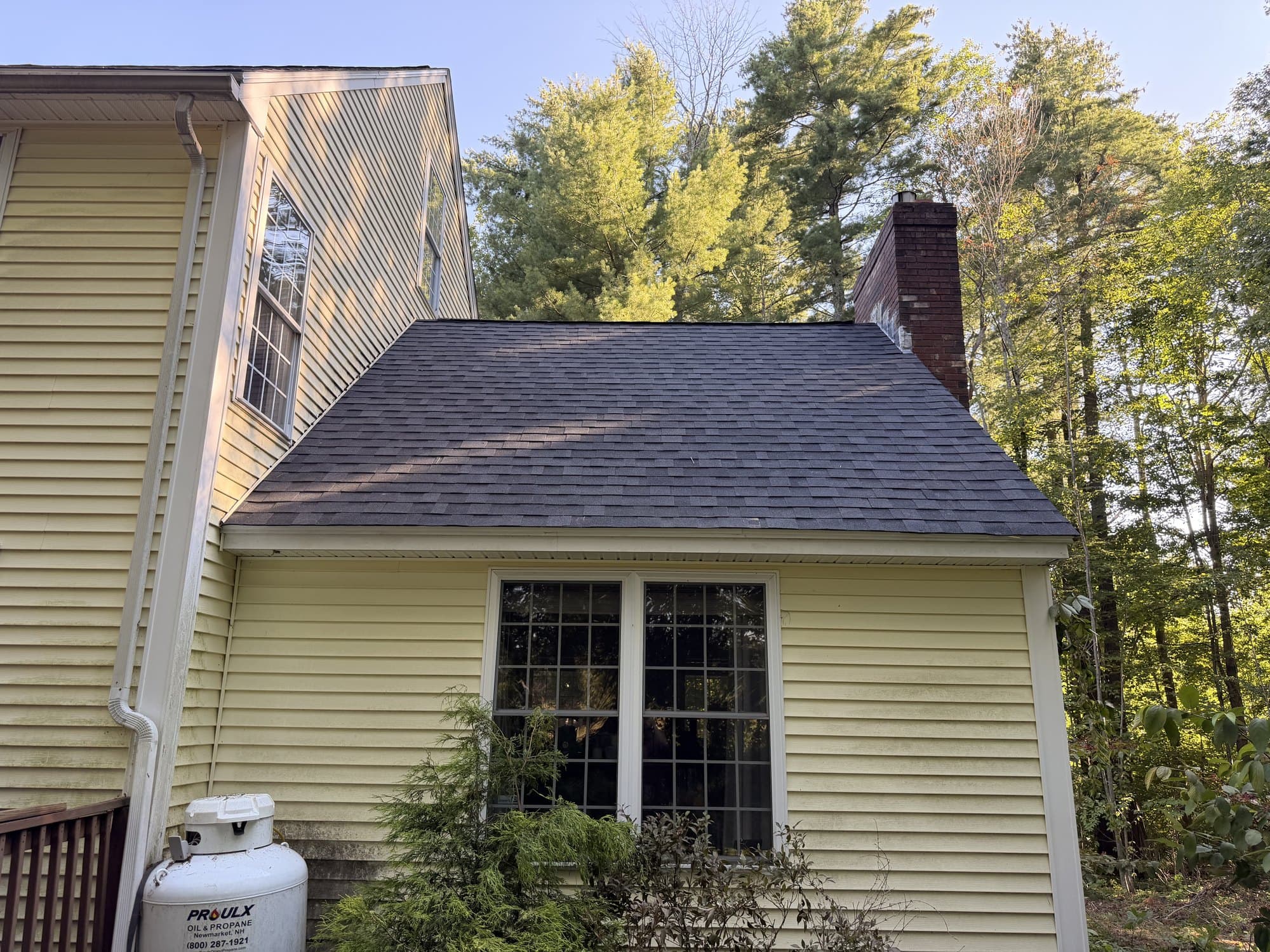 Close view of the new Dual Black architectural shingles and white drip edge at the wing roof eave